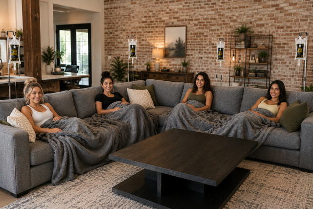A group of friends relaxing together while receiving IV hydration treatments at home