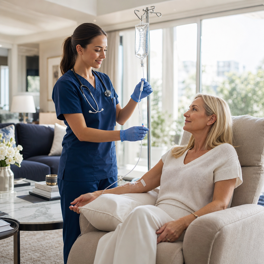 Licensed nurse administering an IV drip to a relaxed patient in a bright modern home