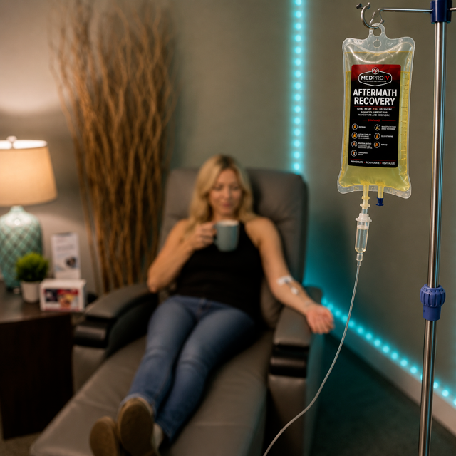 A client relaxing with a coffee while receiving a MedPro IV Aftermath Recovery infusion