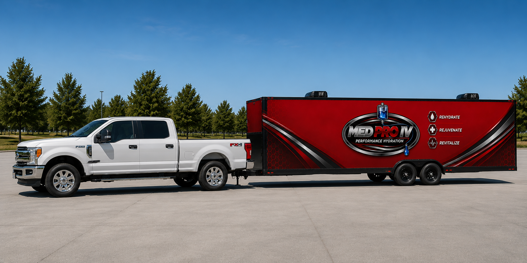 The branded MedPro IV mobile hydration trailer towed by a MedPro IV truck